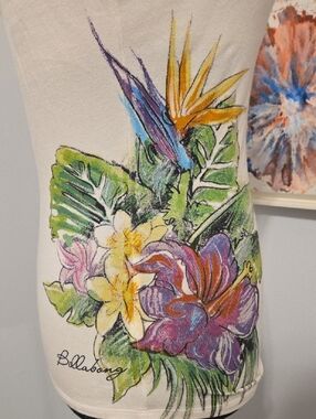 Billabong White Tank Top with Tropical Floral Artwork